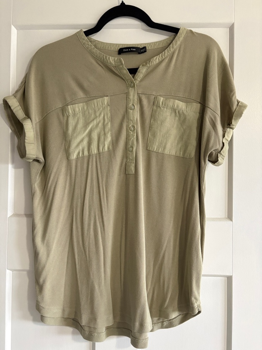 Doe & Rae Light Olive Roll-Sleeve Henley Top
